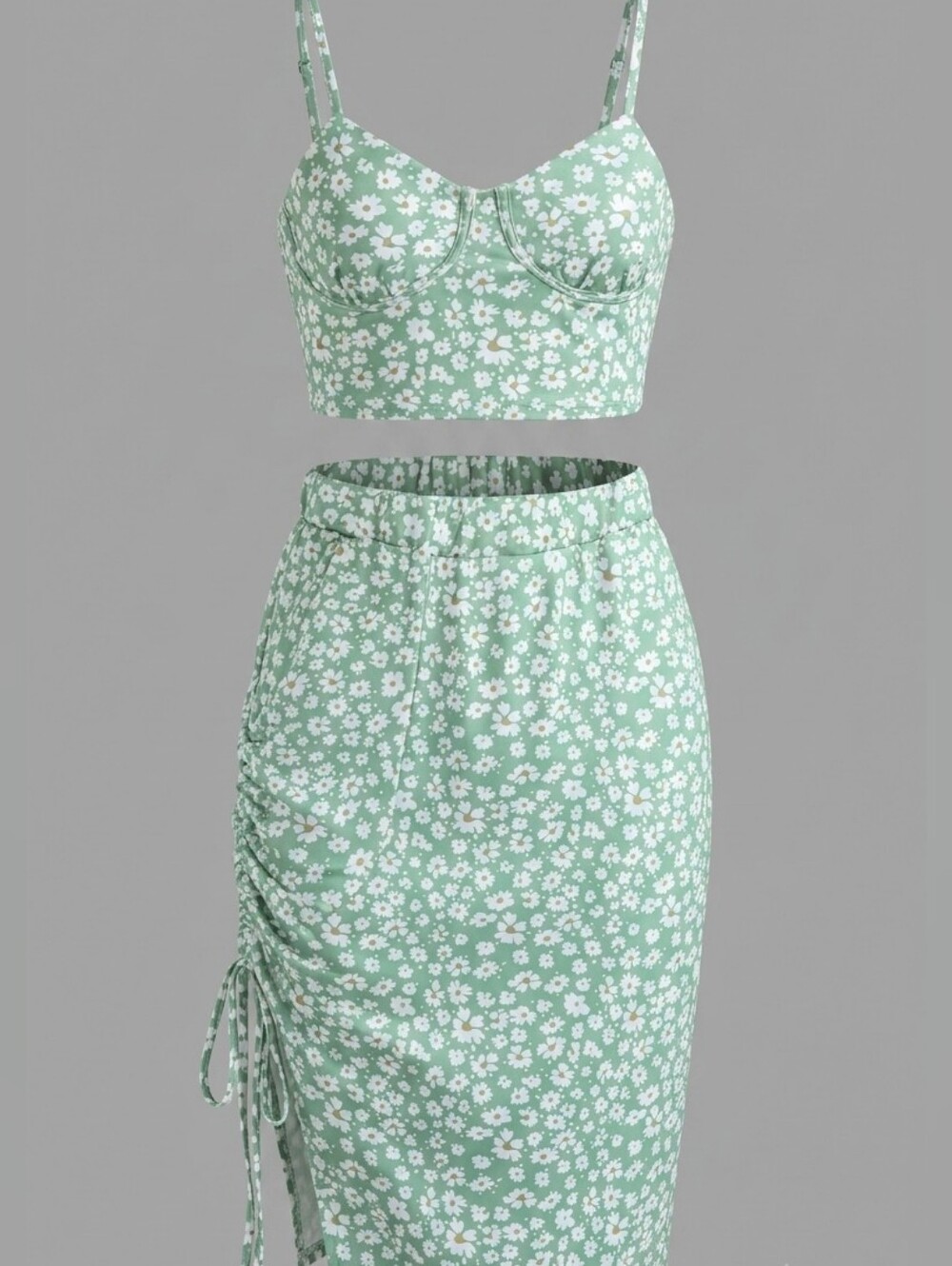 Floral Bustier Ruched Side-Slit Midi Skirt Two-Piece Set